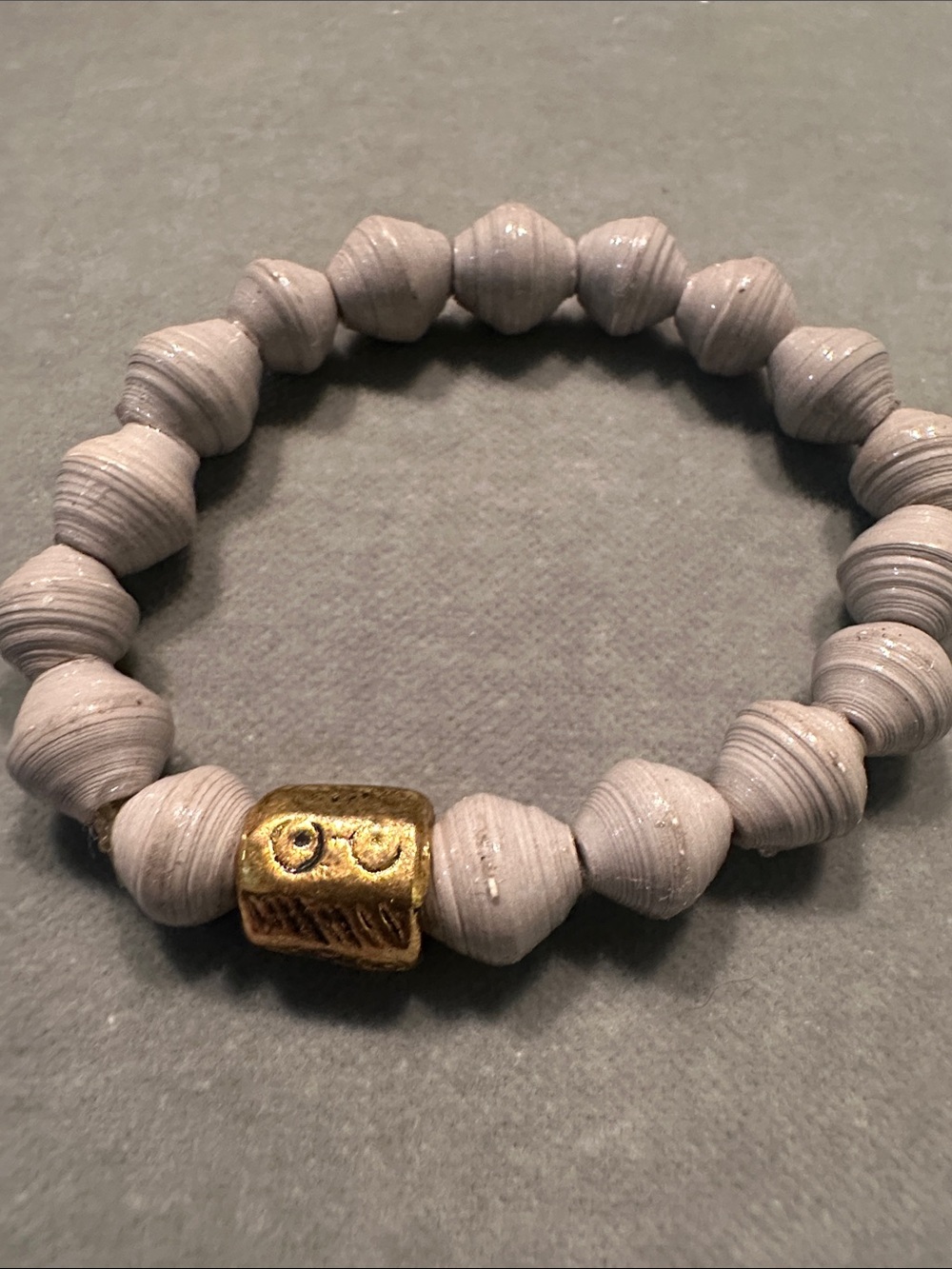 Handmade Gray Paper Bead Bracelet with Gold Accent